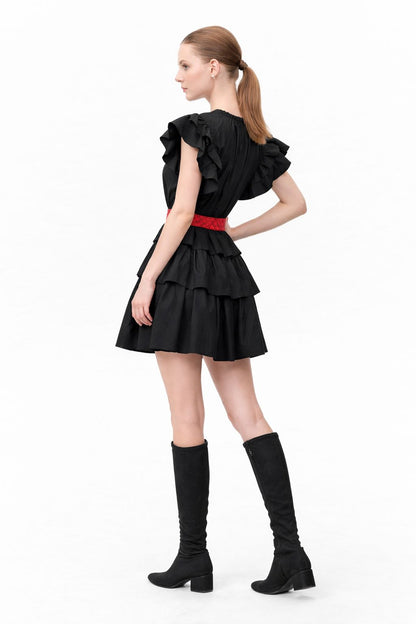 Red Belted Ruffle Dress