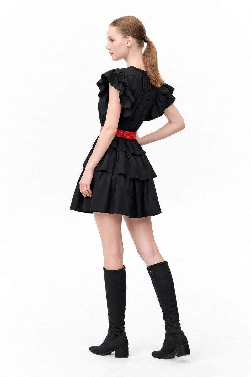 Red Belted Ruffle Dress