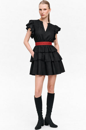 Red Belted Ruffle Dress