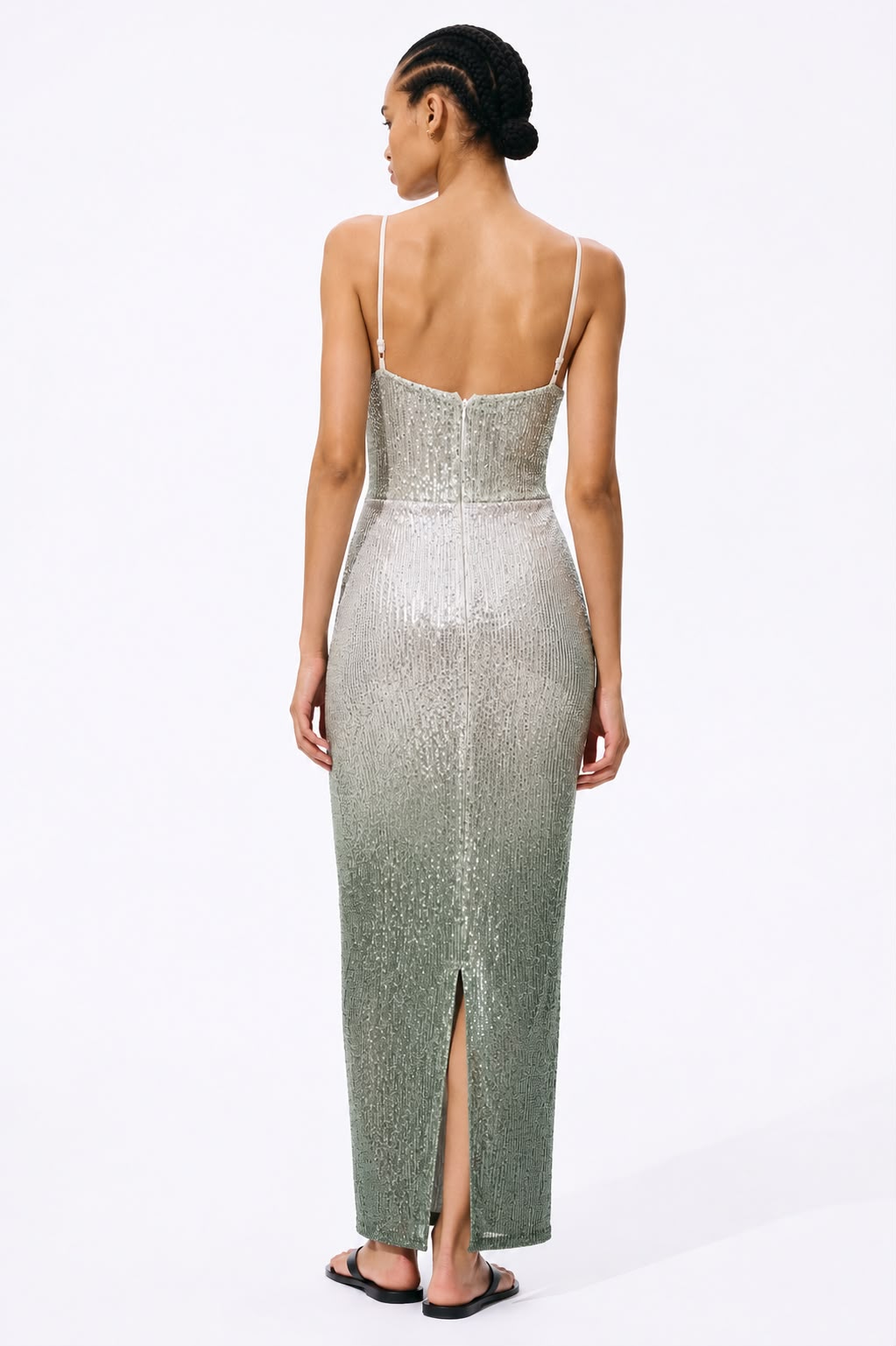 Silver Grey Ombré Sequin Halter Neck Cut-Out Maxi Dress