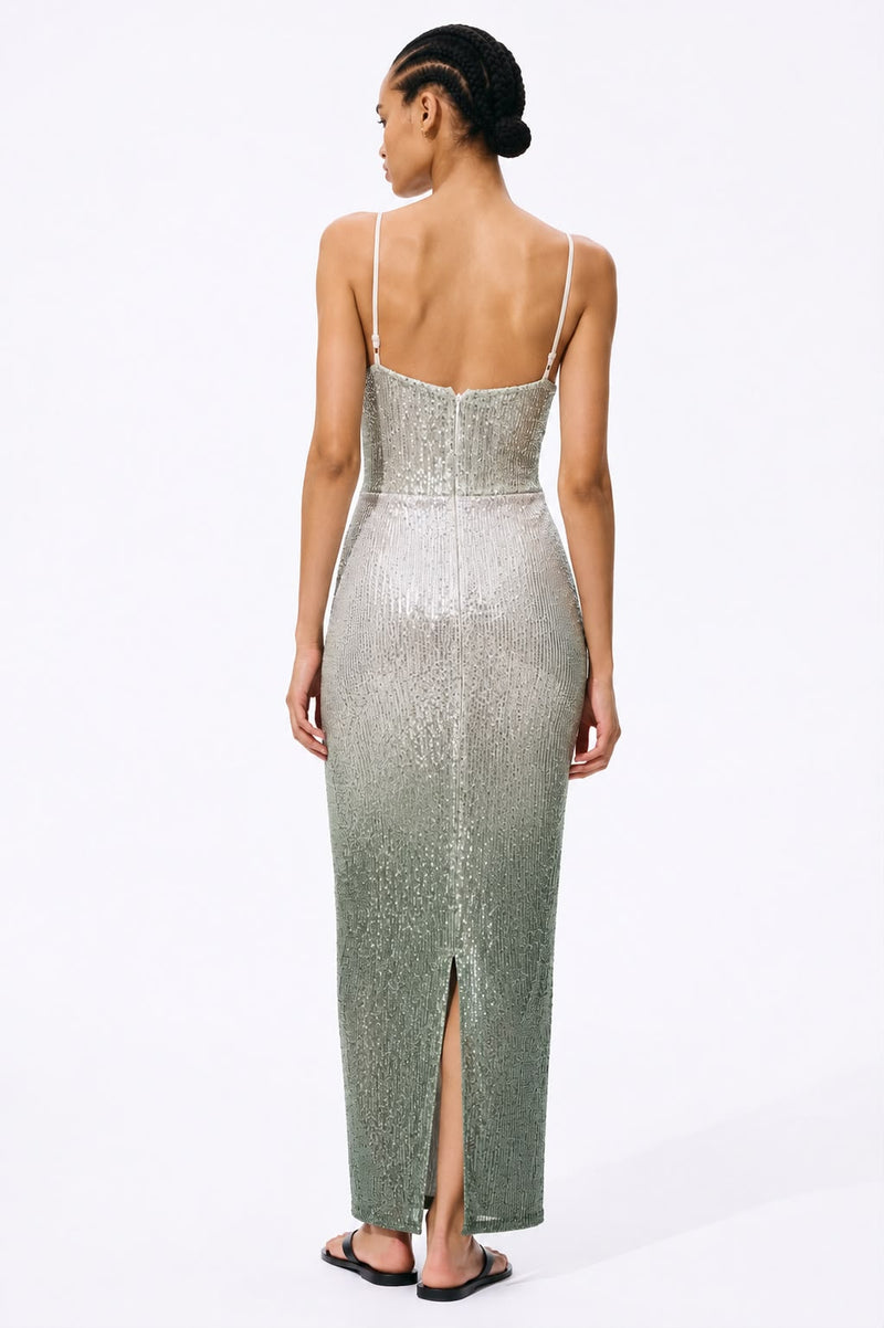 Silver Grey Ombré Sequin Halter Neck Cut-Out Maxi Dress