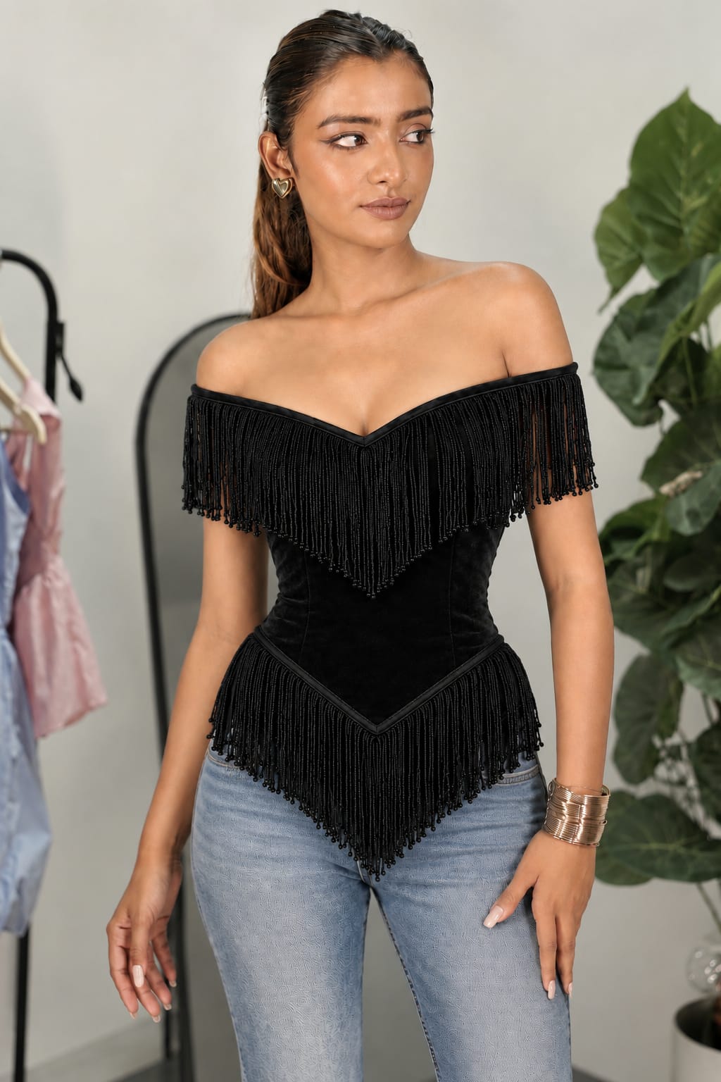 Black Velvet Beaded Fringe Off-Shoulder Corset Top - front