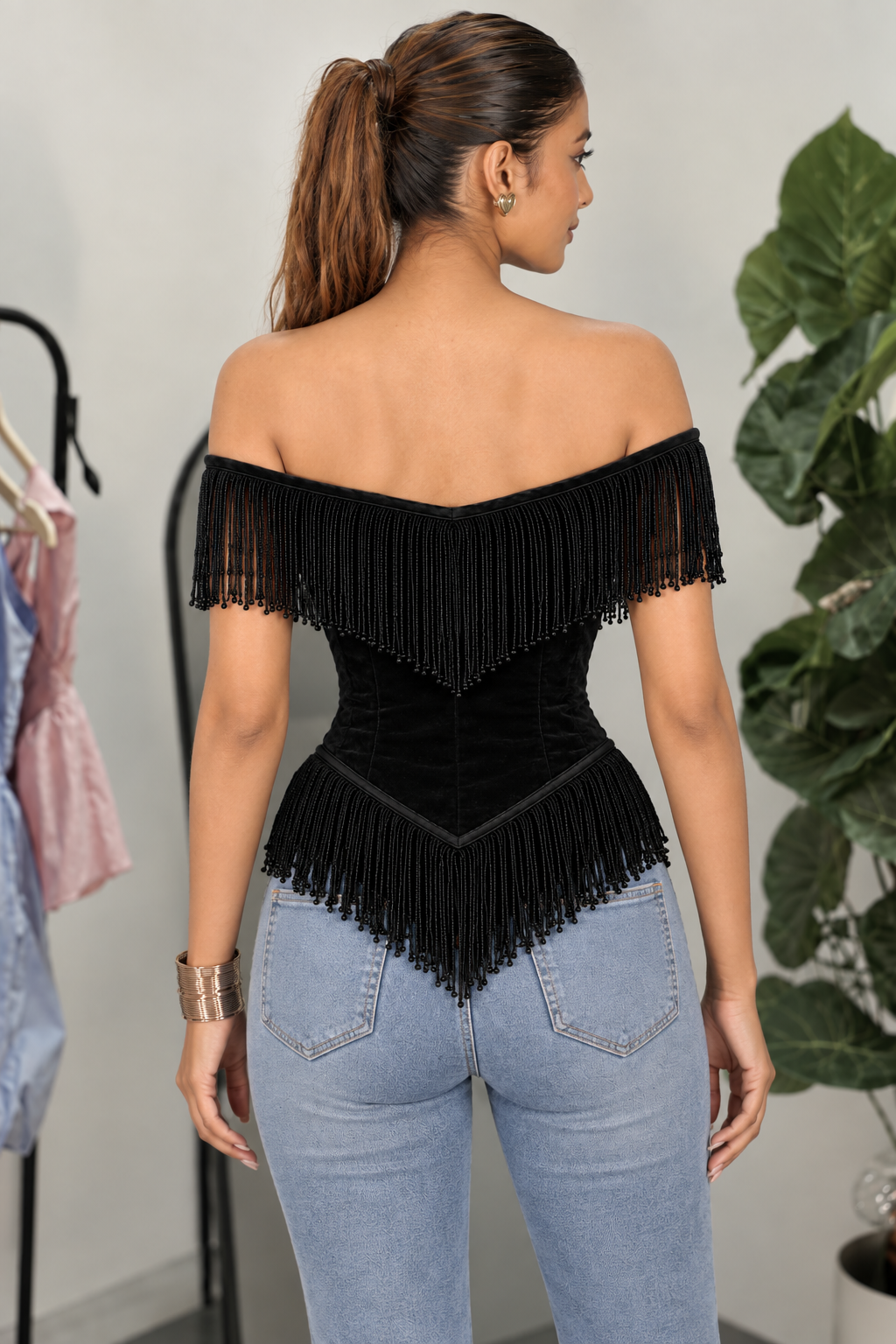 Black Velvet Beaded Fringe Off-Shoulder Corset Top - back