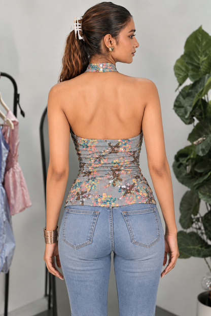 Pastel Floral Sequin Halter Neck Y2K Top - back