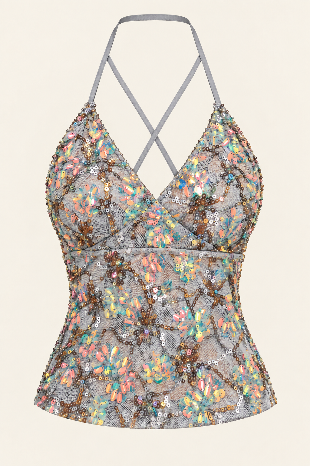 Pastel Floral Sequin Cross-Front Halter Y2K Top - product view