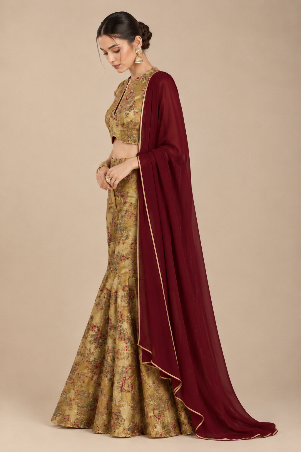 Olive Gold Paisley Gharara Set