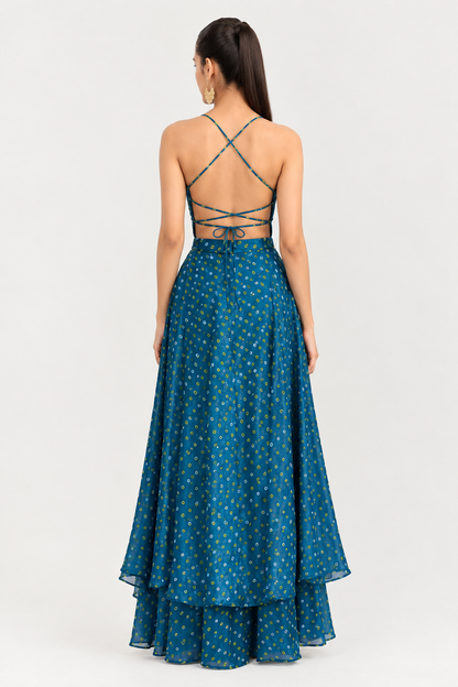 Peacock Blue Bandhani Flared Set