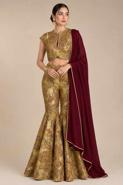 Olive Gold Paisley Gharara Set
