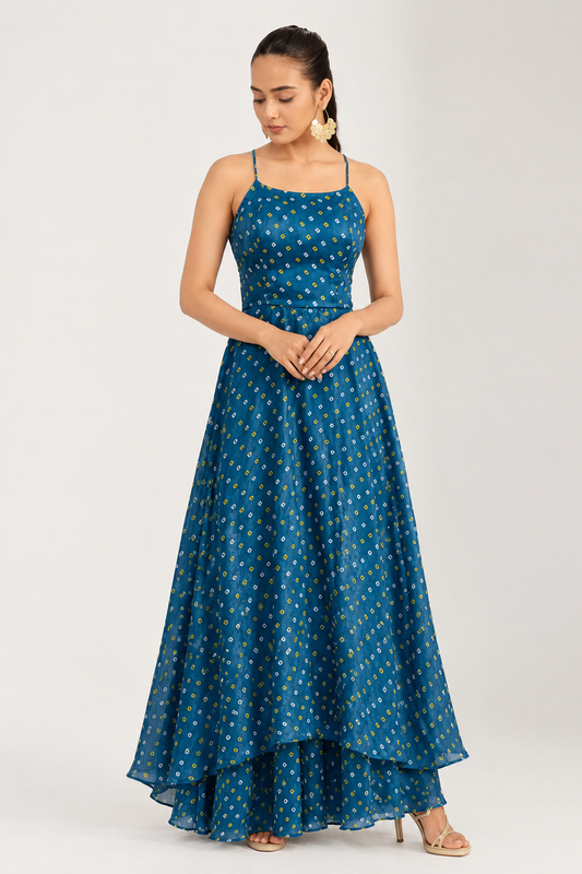 Peacock Blue Bandhani Flared Set