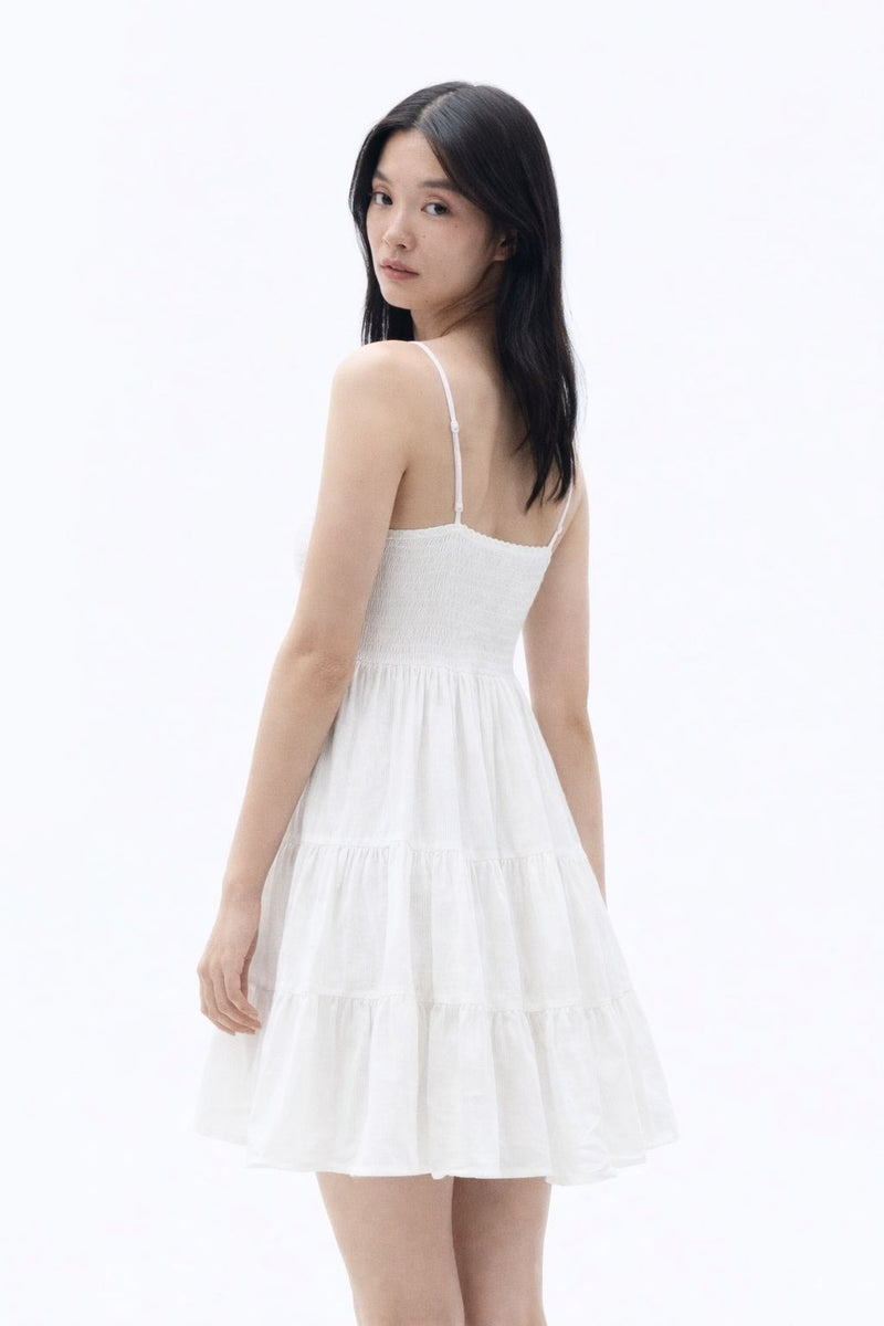 Women Sleeve-less Frill Dresses-White