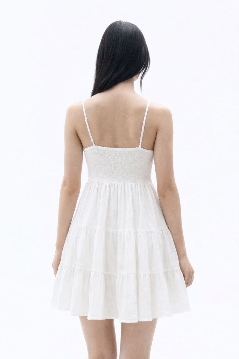 Women Sleeve-less Frill Dresses-White