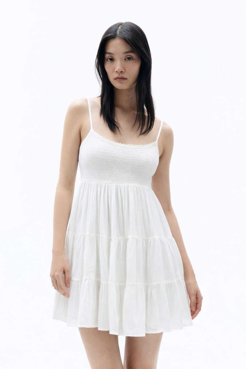 Women Sleeve-less Frill Dresses-White