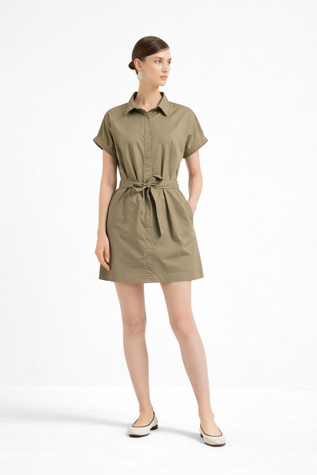 Women Belted Shirt Dress Biege