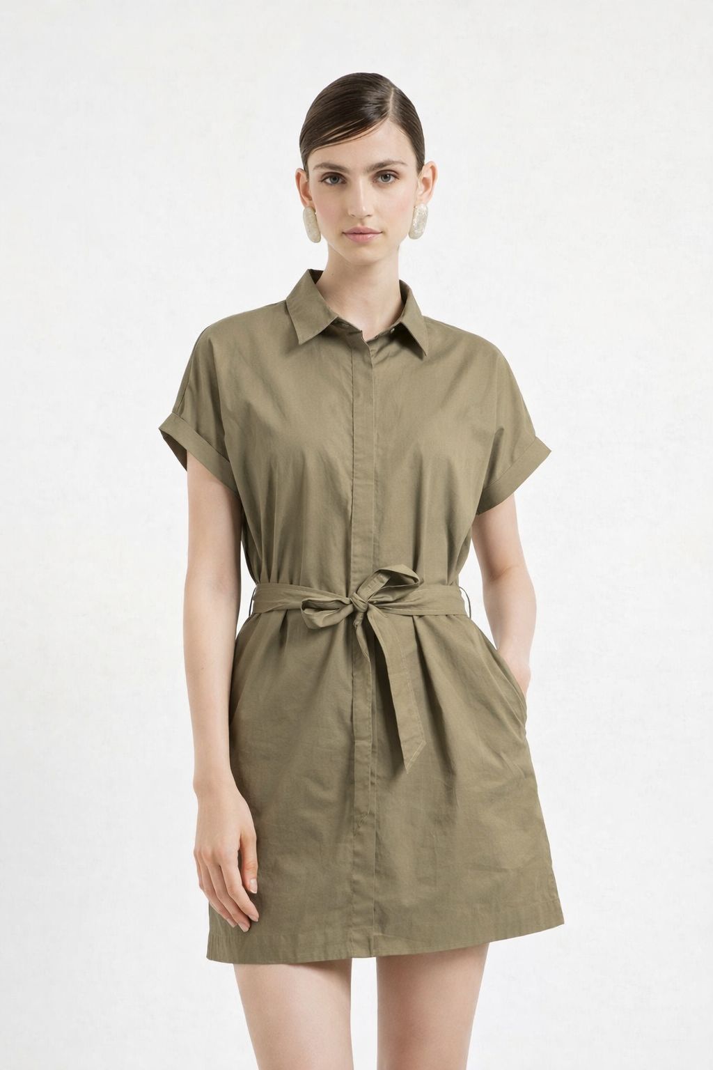Women Belted Shirt Dress Biege
