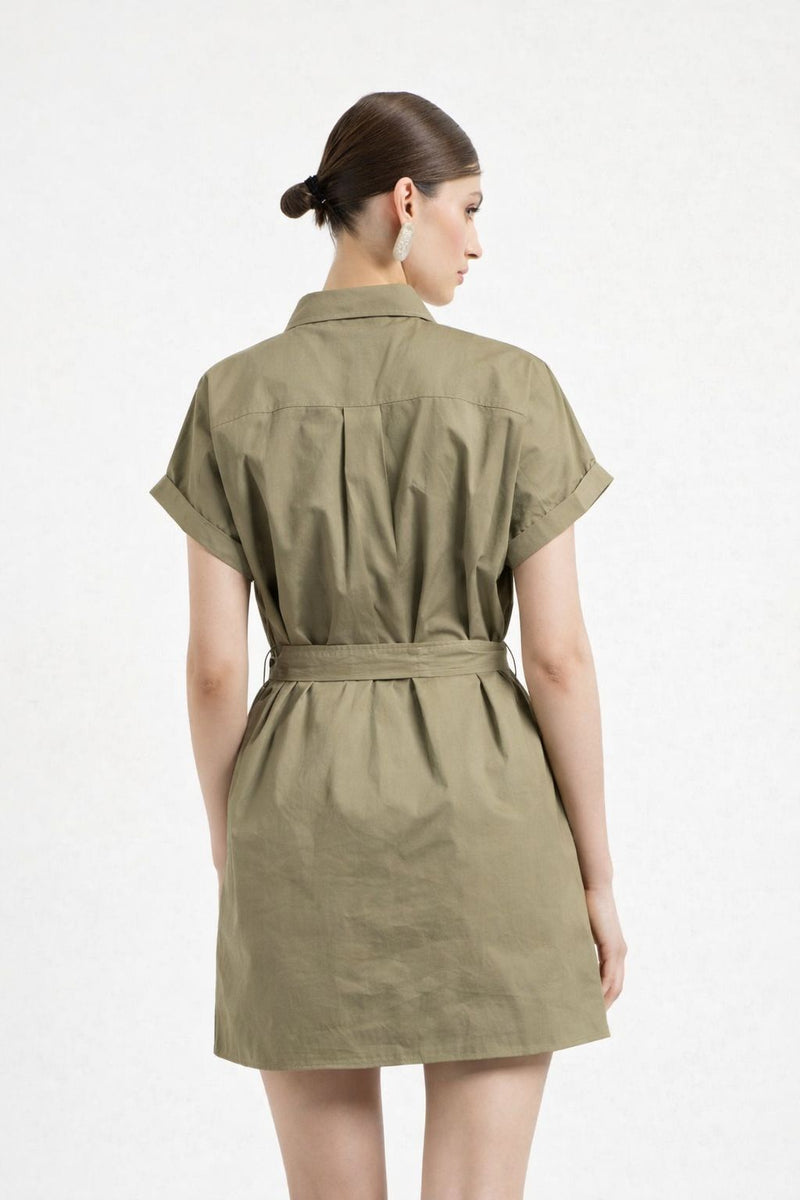 Women Belted Shirt Dress Biege