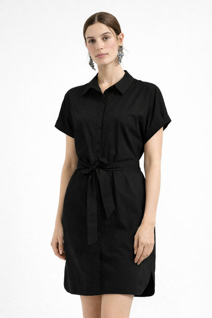 Women Belted Shirt Dress Black