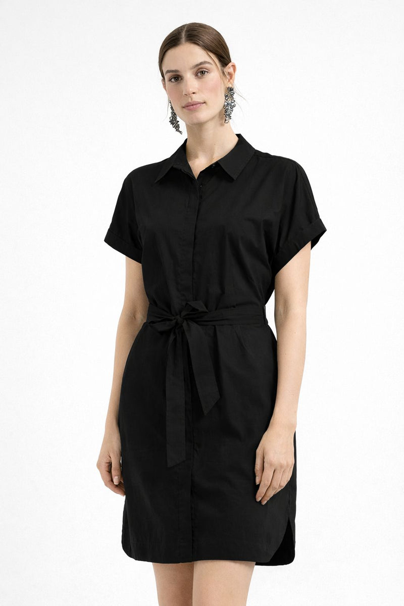 Women Belted Shirt Dress Black