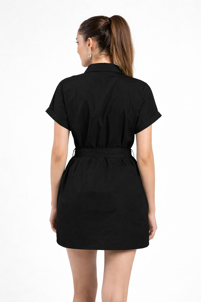 Women Belted Shirt Dress Black