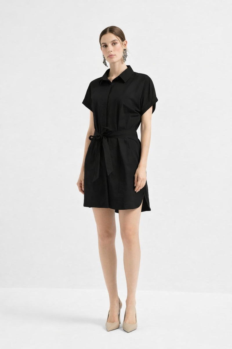 Women Belted Shirt Dress Black