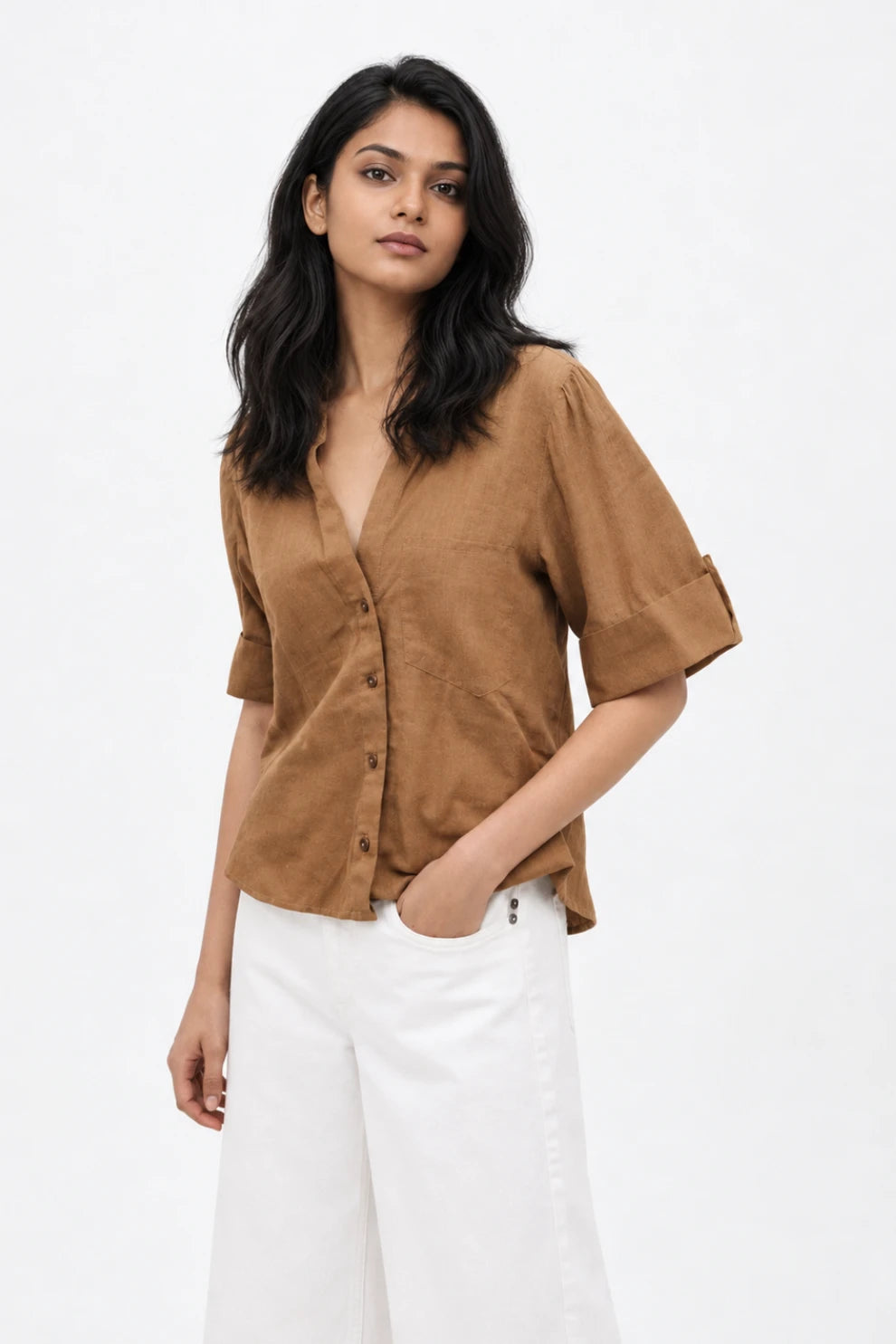 Linen Short Sleeve Shirt Brown
