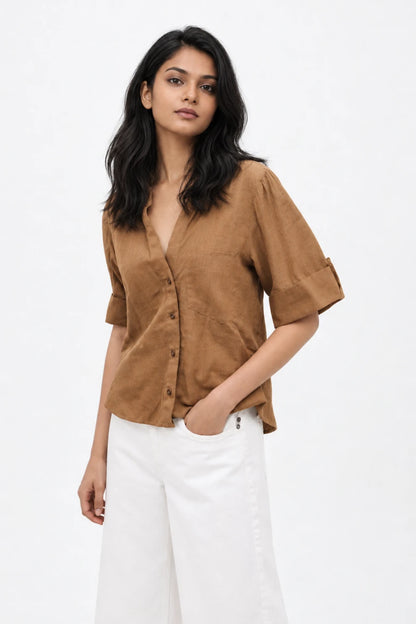 Linen Short Sleeve Shirt Brown