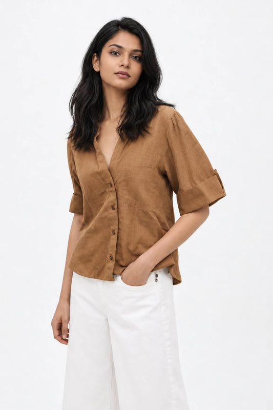 Linen Short Sleeve Shirt Brown