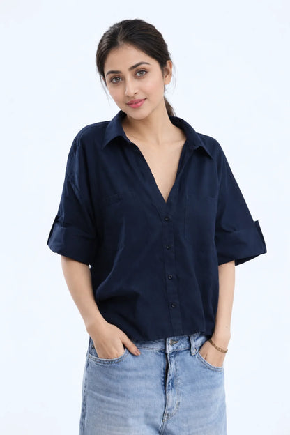 Linen Short Sleeve Shirt Navy