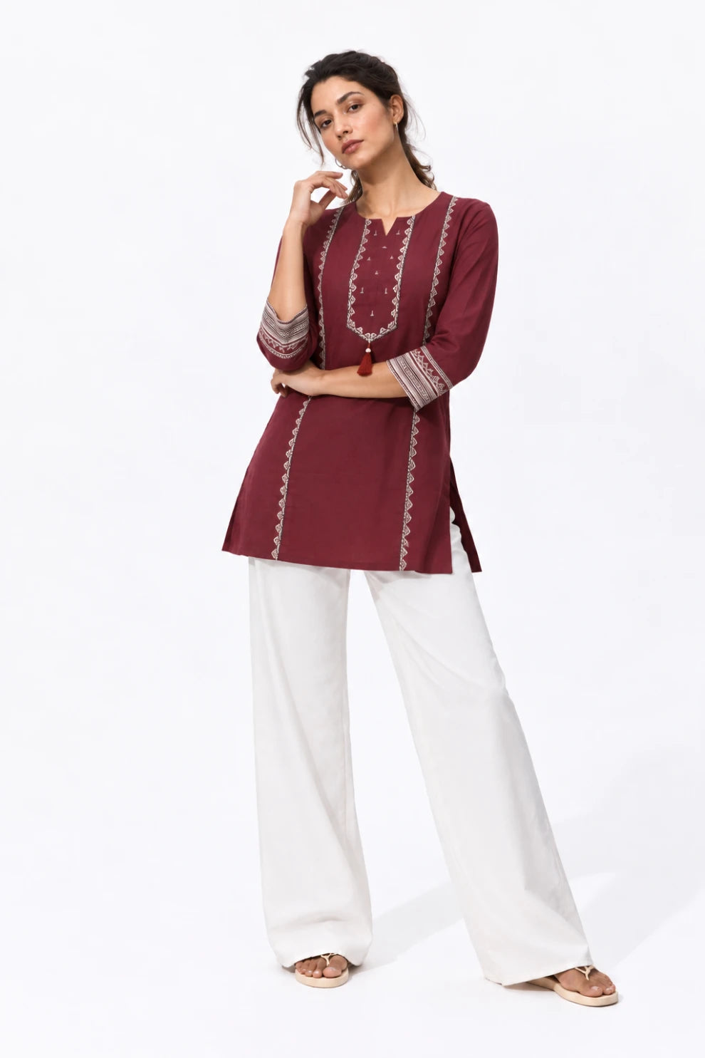 Maroon Printed Straight Kurti
