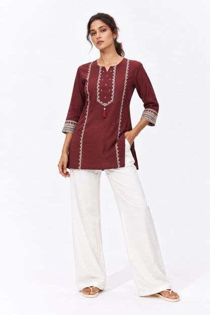 Maroon Printed Straight Kurti
