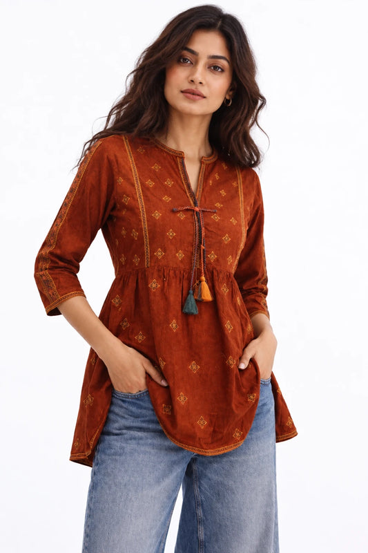 Orange  Embroidery Tassel Dobby Kurti