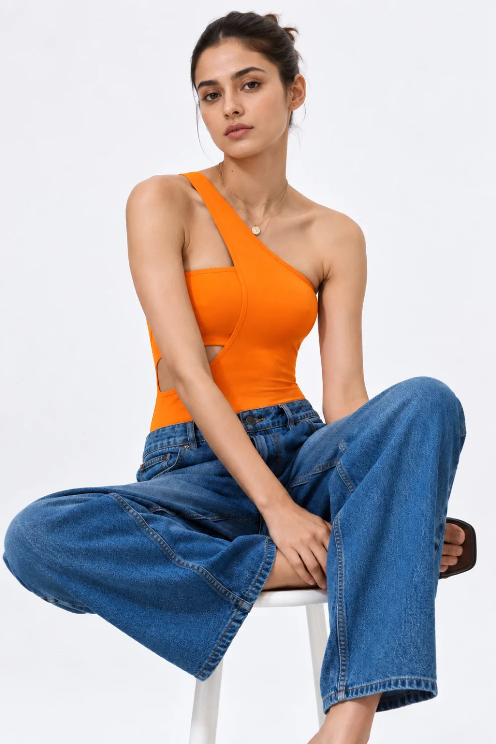 Orange One-Shoulder Cut-Out Bodysuit