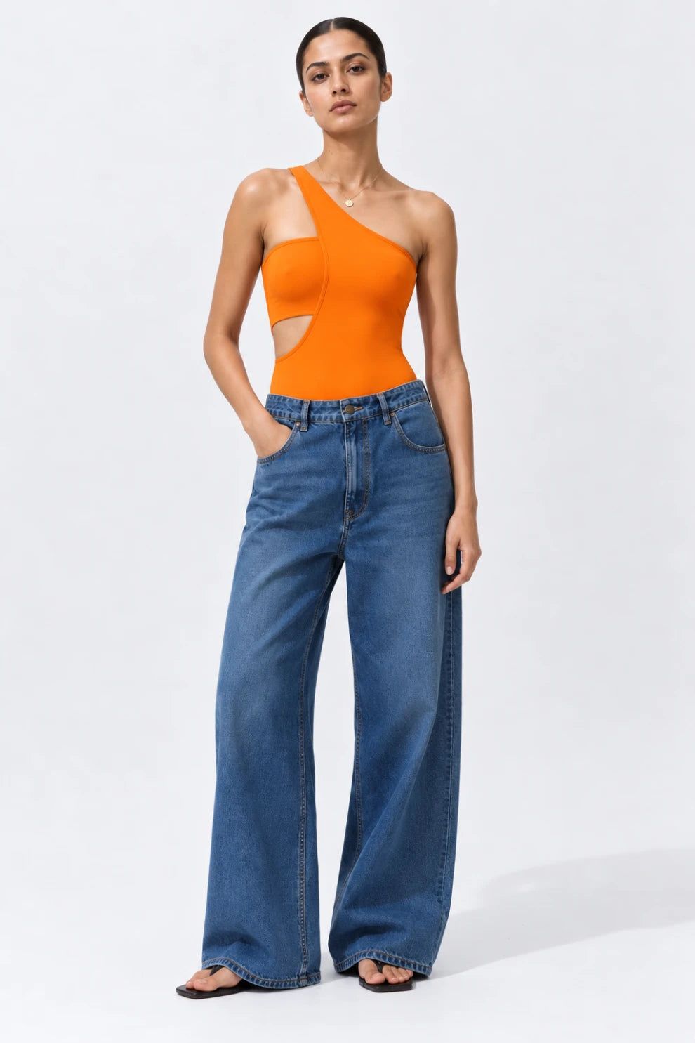 Orange One-Shoulder Cut-Out Bodysuit
