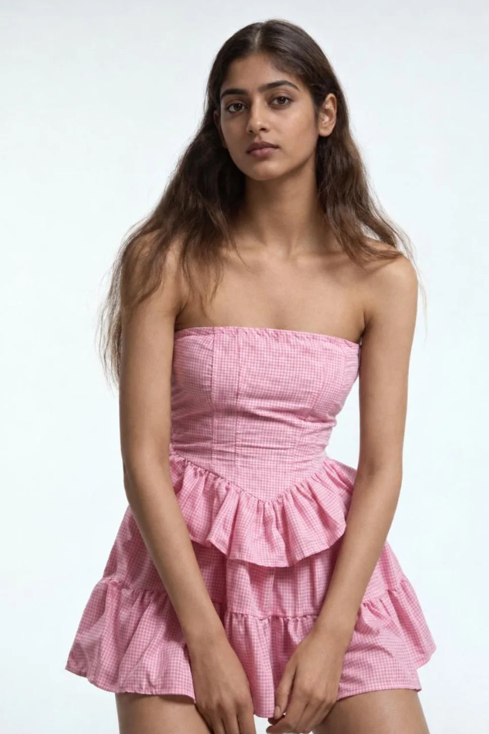 Pink Ruffle Gingham Mini Dress