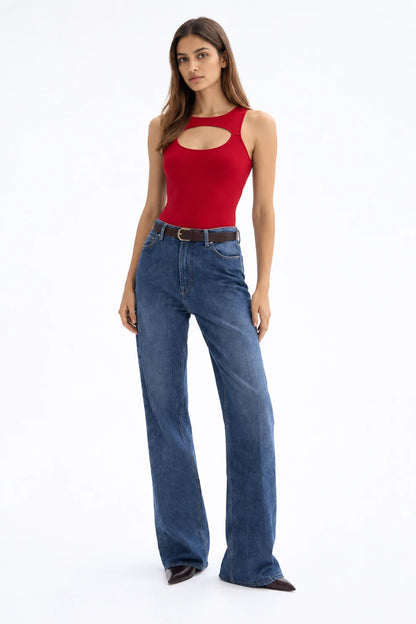Red Cut-Out Sleeveless Bodysuit
