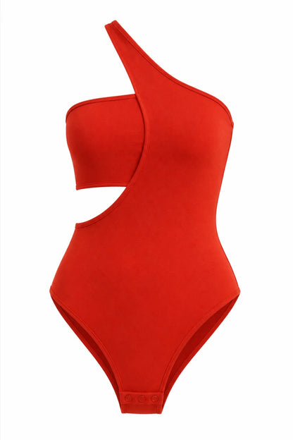 Red One-Shoulder Cut-Out Bodysuit
