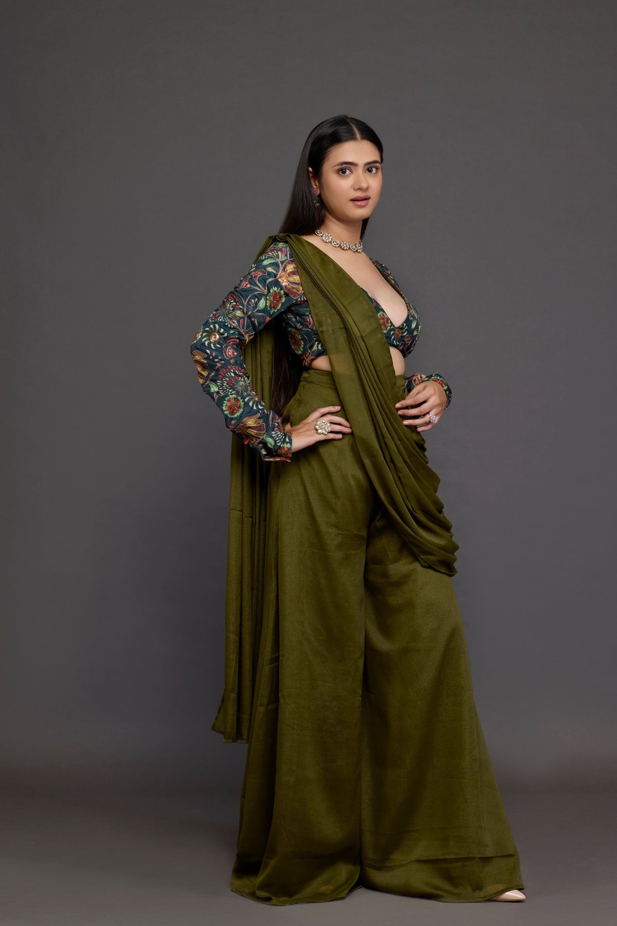Olive Draped Skirt Set