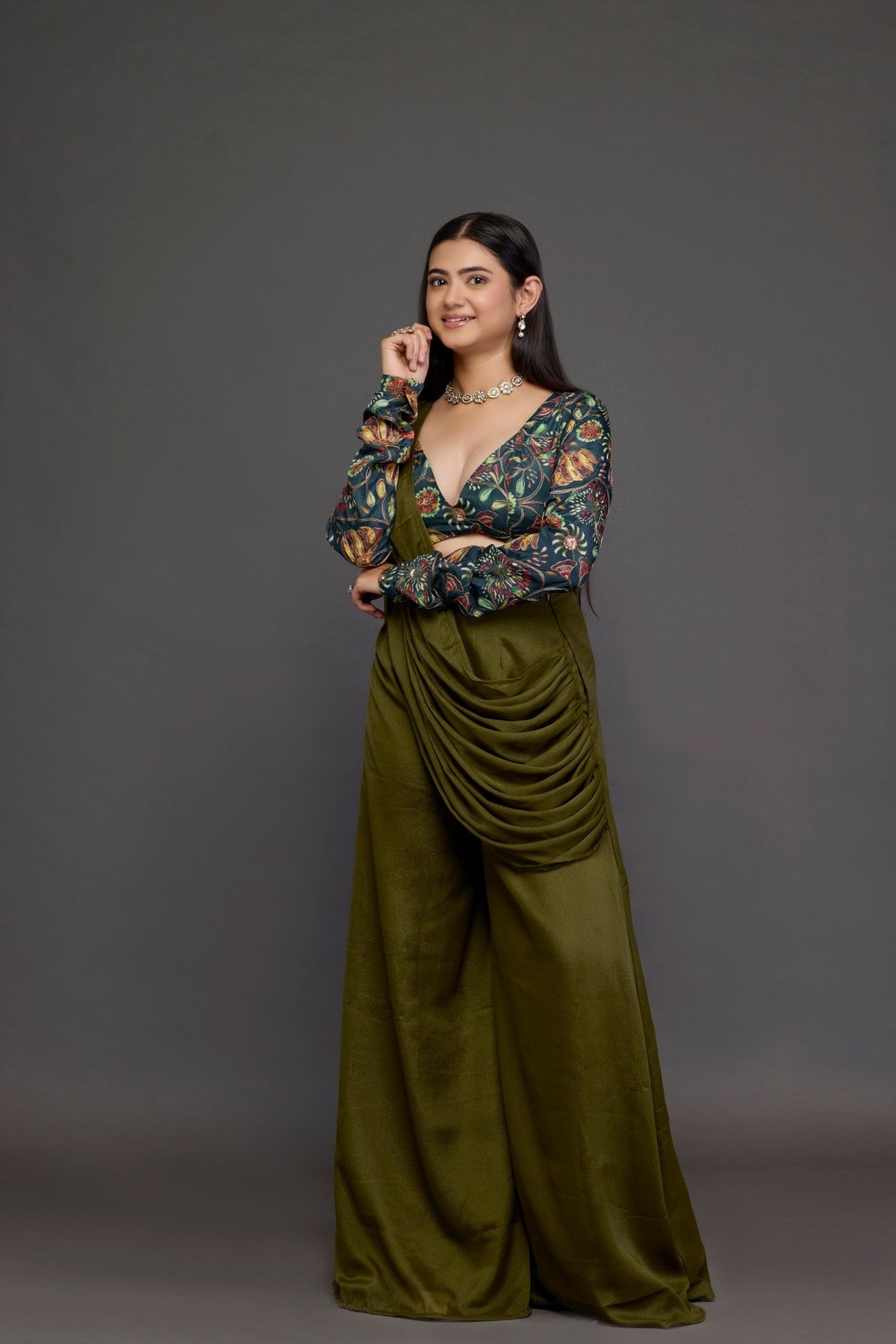 Olive Draped Skirt Set