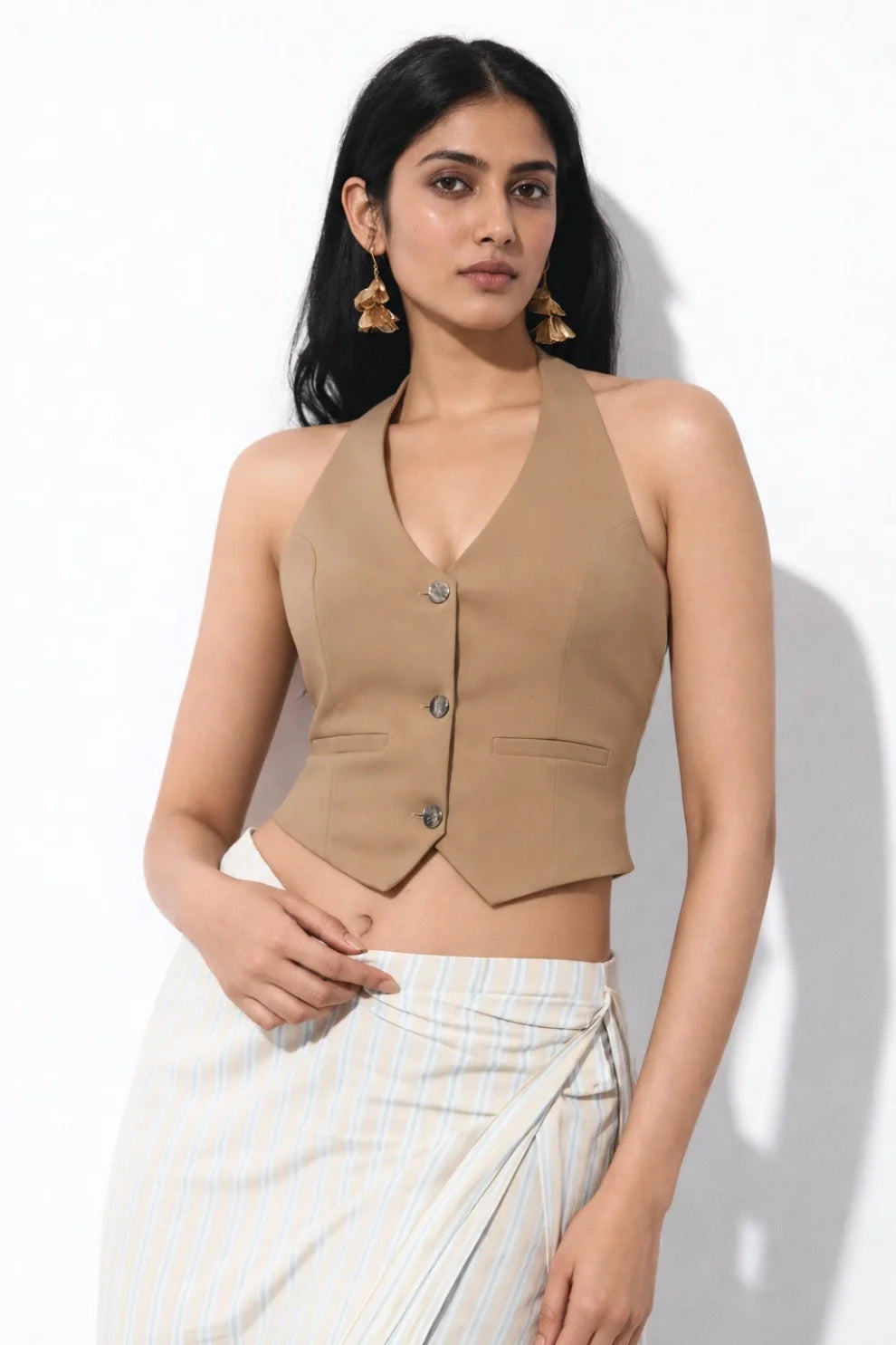Taupe Buttoned Women Halter Vest Coat
