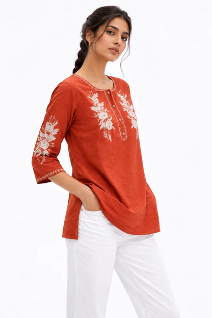 Terracotta Embroidered Straight Kurti