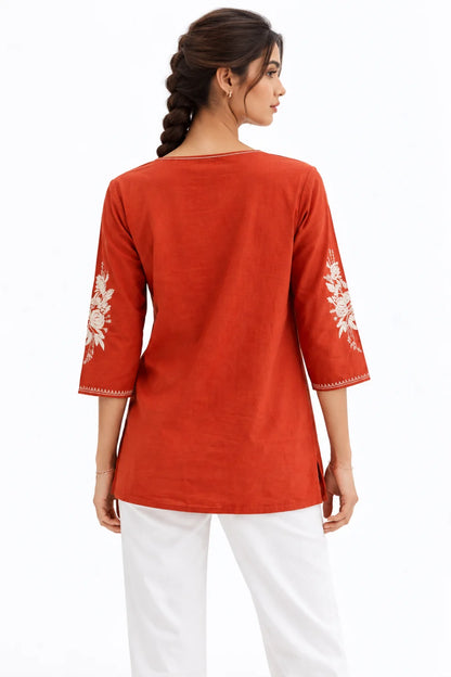 Terracotta Embroidered Straight Kurti