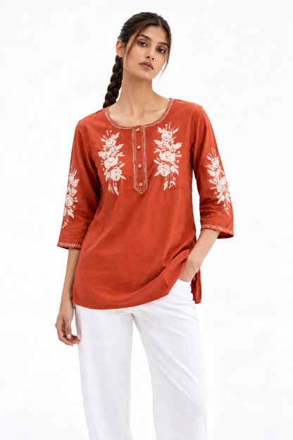 Terracotta Embroidered Straight Kurti