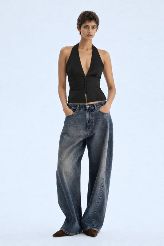 Women Black Halter Neck Vest Coat