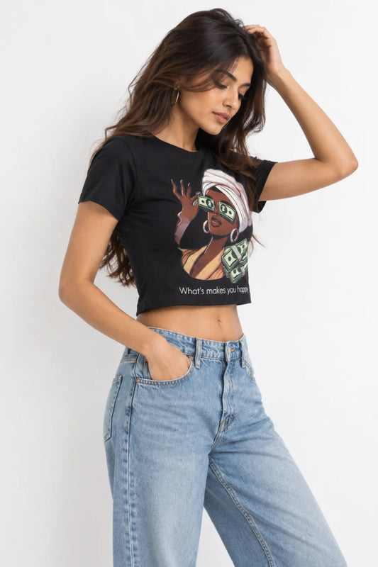 Women Money Eyes Girl Graphic Crop Tee