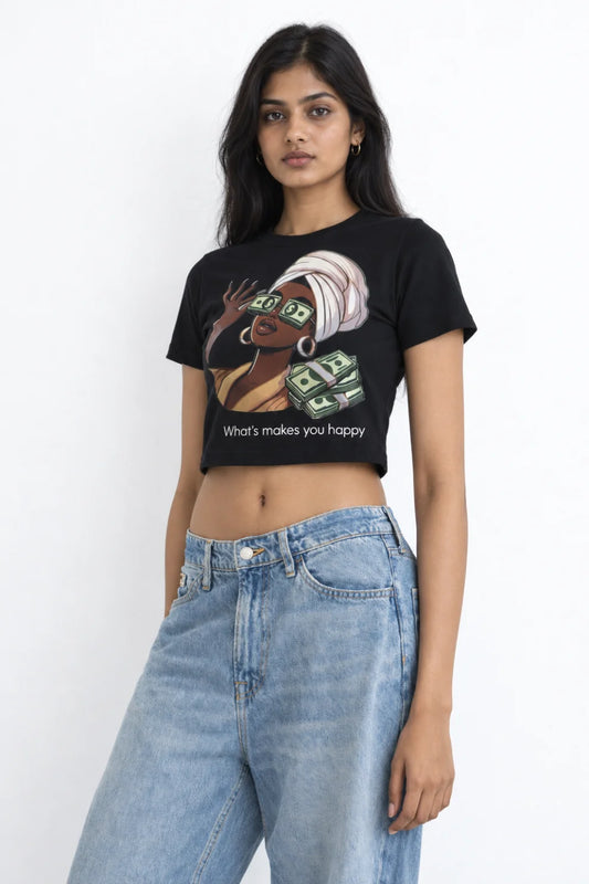 Women Money Eyes Girl Graphic Crop Tee