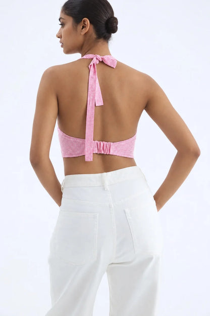 Women Pink Halter neck bow top