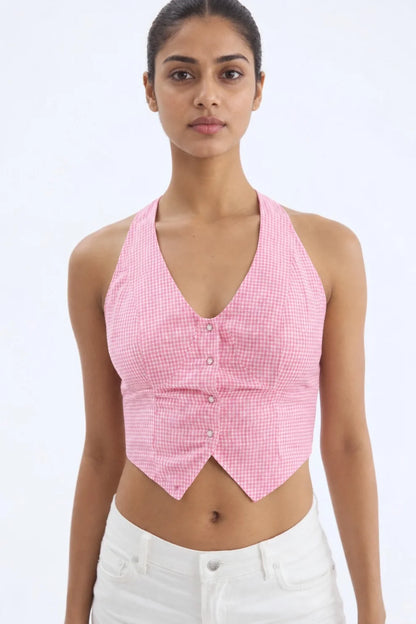 Women Pink Halter neck bow top