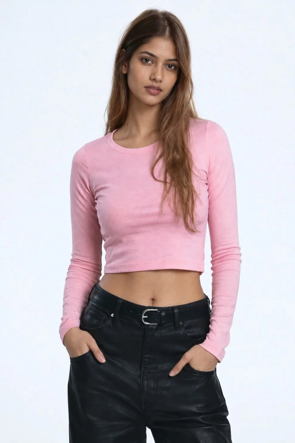 Women Pink Long Sleeve Crop Top