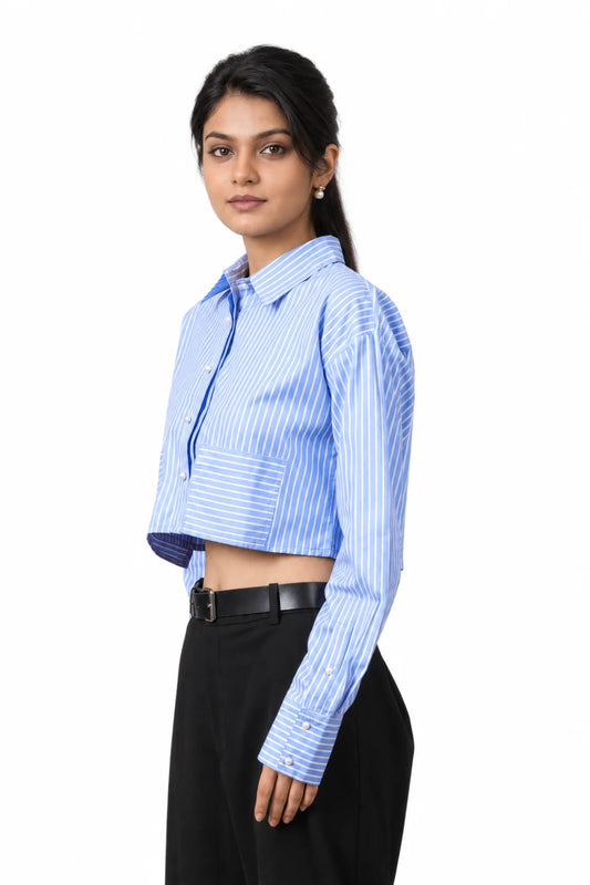 Women's Blue Stripe Crop Shirt