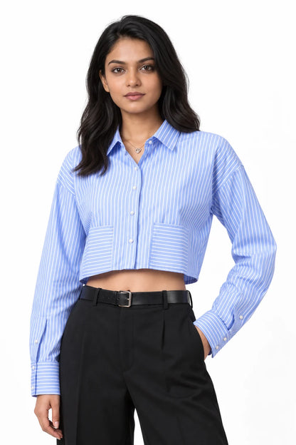 Women's Blue Stripe Crop Shirt